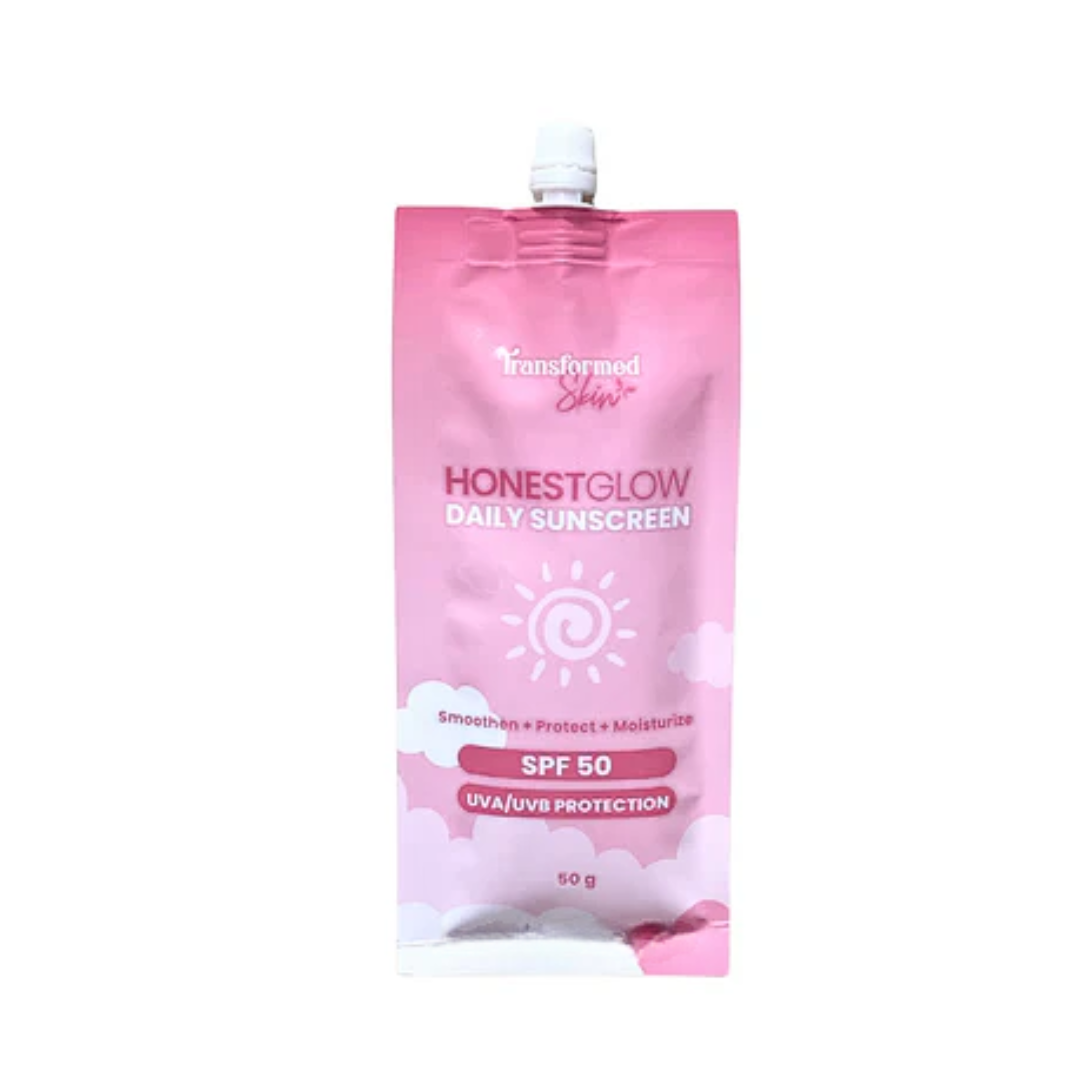 Pink pouch of Honest Glow daily sunscreen with SPF 50 on a white background